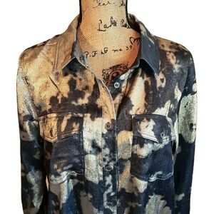 NWT JODIFL Navy Gold Button Up Shirt Dress Tunic Long Sleeve Size L Metallic